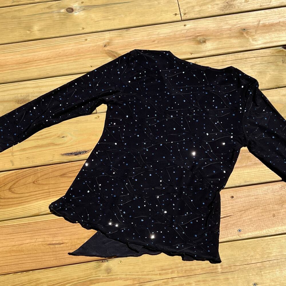 Susan Lawrence Y2K Asymmetrical Babydoll Top M Black Silver Sequins Faux Wrap - Picture 3 of 5